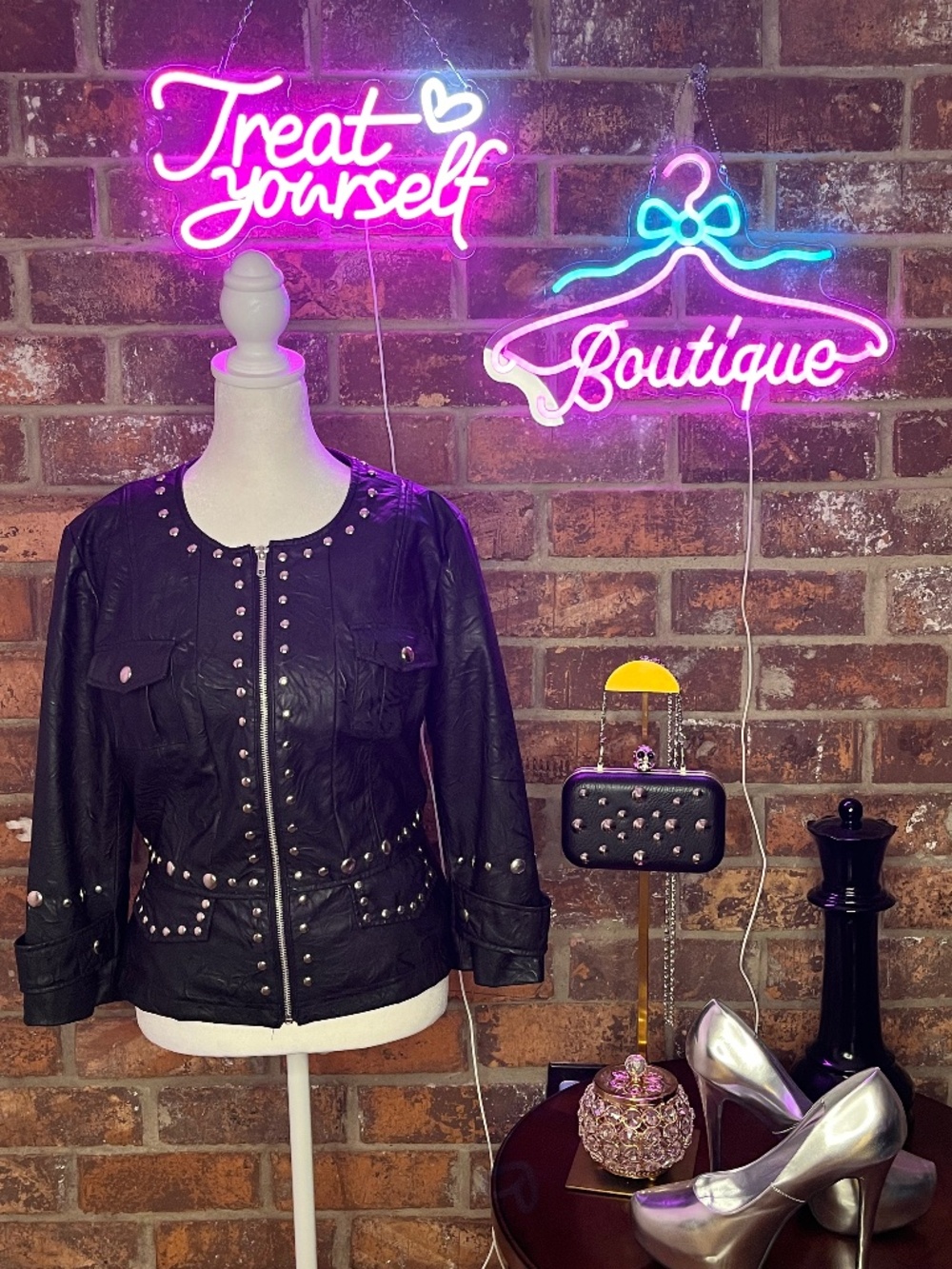 Edgy Black Silver/Studded Scoop Neck Jacket